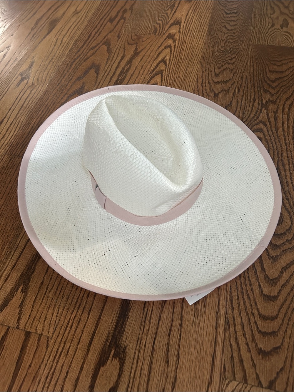 BCBGMaxAzria White Straw Wide Brim Hat with Pink Trim